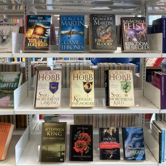 Boghylde med fantasybøger på Hjørring Bibliotek